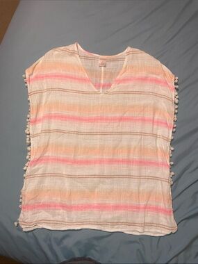 Xhilaration Pink Peach Striped Pom-Pom Swim Coverup